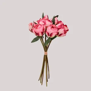 Detailed view of artificial 9-head pink peony bud bouquet hand-tied for wedding