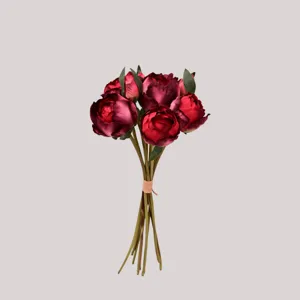 Detail view showing texture of 9-head artificial burgundy peony flower buds bouquet