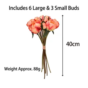 Artificial 9-head peony bouquet, 40cm tall, includes 6 large and 3 small buds.
