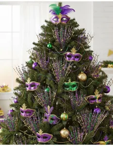 Branches de baies à paillettes violettes et vertes et masques sur un sapin de Noël