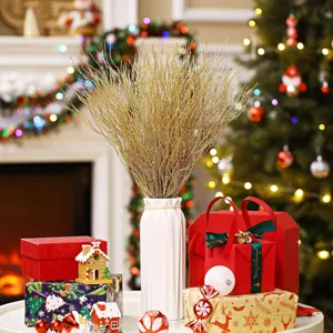 Artificial gold glitter branches for Christmas tree decoration, floral vase arrangement decor.