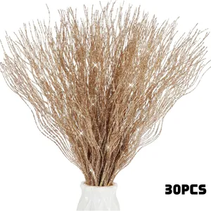 Detail view of 30pcs gold glitter curly wire branches, perfect for Christmas tree decor.