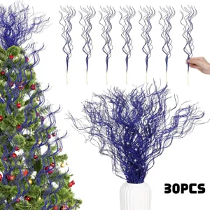 30Pcs Blue Glitter Curly Branches Christmas Tree Decor Artificial Twigs Floral Arrangement