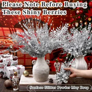 40pcs silver glitter Christmas berry branches and leaves for holiday decor