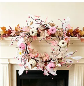 Artificial Thanksgiving wreath with pink white pumpkins maple leaves for fall home decor
