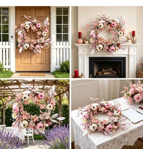 Thanksgiving artificial floral wreath with pink and white pumpkins maple leaves for home decor