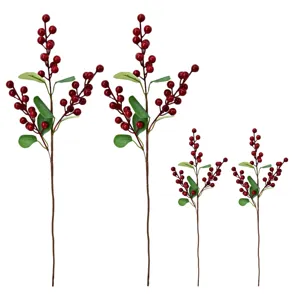 Artificial Red Berries Stem Faux Fortune Fruit Branch With Green Leaves For Home Christmas Wedding Table Vase Decoration