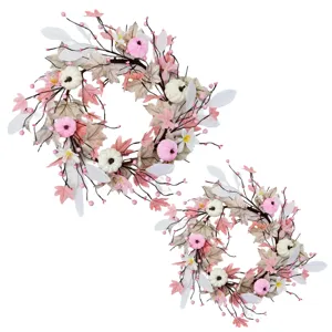 Thanksgiving Artificial Pumpkin Wreath Pink Flower Maple Leaf Berry Fall Harvest Home Door Wall Festival Decoration