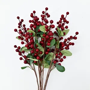 Artificial red berry stems with green leaves for home festive decoration