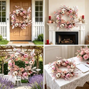 Fall harvest thanksgiving artificial wreath with pink white velvet pumpkins and autumn maple leaves