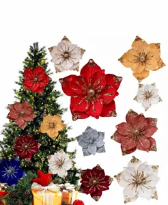 Fiore artificiale di Natale in velluto glitter poinsettia per decorazione albero
