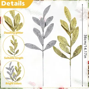 Set of gold and silver glitter artificial leaf stems for Christmas tree decor and photography
