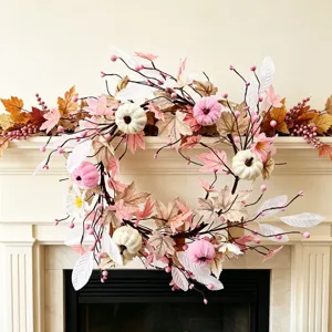 Thanksgiving artificial autumn wreath with pink white pumpkins maple leaves and berries decor.