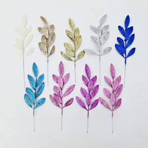 9-piece set of glitter artificial leaves in various colors for DIY holiday and Christmas decor.