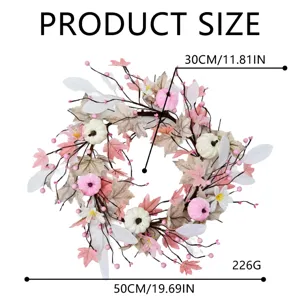 Fall artificial wreath with pink pumpkins and maple leaves for Thanksgiving home decor 50cm