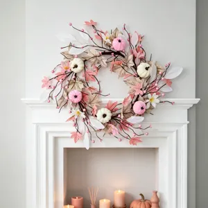 Thanksgiving wreath autumn front door decor with pink white pumpkins maple leaves home decor