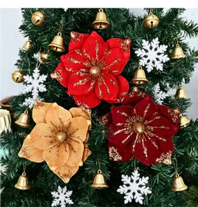 Squisito fiore di Natale artificiale in tessuto glitterato ideale per albero feste.