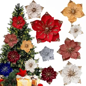 Fiore Di Natale Magnolia Artificiale Glitter Paillettes Tessuto Decorazione Festa Casa