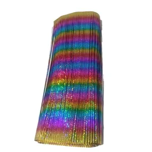 Macro detail showing the texture of rainbow holographic laser PVC fringe for party decoration