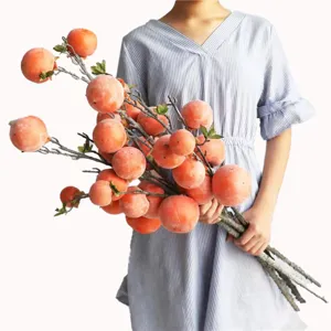 Lifelike frosted artificial persimmon fruit branches for indoor home decor arrangement