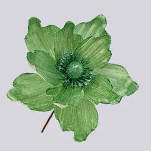 Fiore artificiale glitter verde vista dettagliata, ideale per decorazioni natalizie e fai da te.