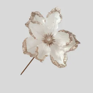 Fiore di magnolia artificiale bianco di Natale con bordo glitter dorato per ghirlanda