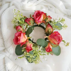 Guirlanda Candelabro de Rosas Artificiales Anillo Floral de Seda Eucalipto para Centro de Mesa de Boda Decoración Romántica Hogar