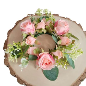 Guirnalda portavelas de rosas rosas artificiales para decoración romántica de bodas