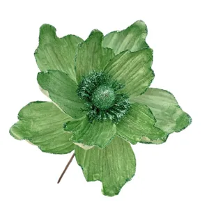 Fiore di Natale artificiale verde glitterato ornamento decorativo per festa e decoro DIY.