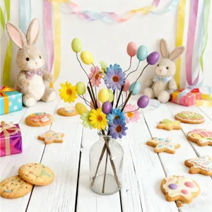 Vibrant detail of Easter daisy floral picks with speckled foam eggs in a clear vase