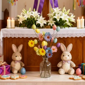 Detailed view of colorful Easter egg and daisy decorative stems in a glass vase