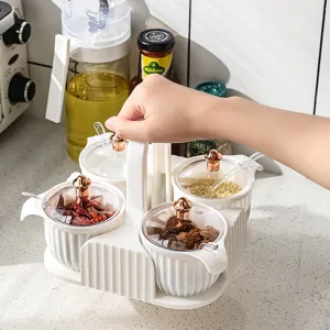 Nordic Kitchen Seasoning Jar Set Spice Storage Box Portable Handle Transparent Lid Spoons Salt Sugar Pepper Organization