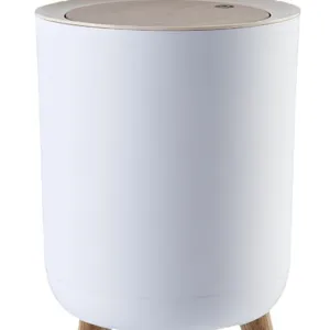 Minimalist Japanese style round white trash can with wooden lid and elegant legs