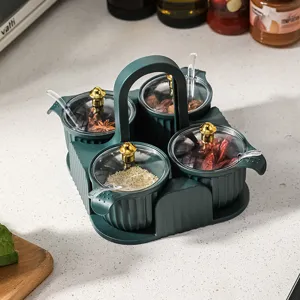 Dark green Nordic 4-piece seasoning jar set with portable handle and clear lids