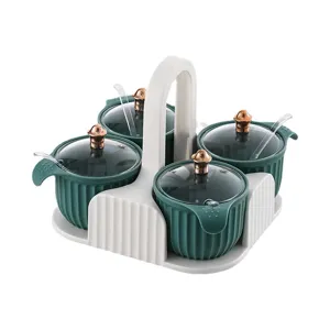 Nordic green ribbed seasoning jar set with white portable carrying rack and clear lids