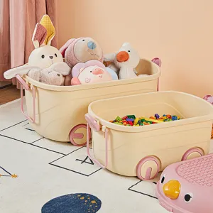 Large capacity children's car-shaped toy storage bin with wheels for nursery organization