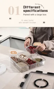 Nahaufnahme der transparenten Gewürzbox mit unterteilten Fächern und 620 ml Fassungsvermögen.