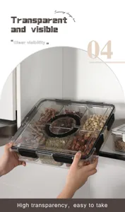Detailansicht einer transparenten Vorratsdose mit mehreren Fächern und Dichtungsdeckel.