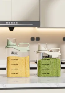 Large airtight kitchen storage containers for grains with handle and volume scale markings.
