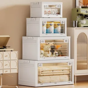 Stack of white foldable storage bins with clear front doors for home organization