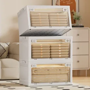 Foldable Storage Box With Wheels Stackable PP Plastic Organizer With Transparent Side Open Door For Bedroom Dorm Camping Closet