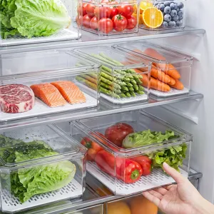 Transparent stackable refrigerator food storage containers with drainage trays for fresh produce
