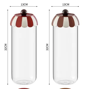 Large airtight transparent kitchen storage jar with red circus-style lid, height 32cm