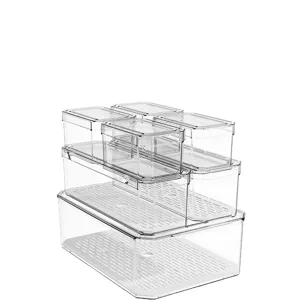 Stackable set of clear food-grade refrigerator organizer bins for efficient kitchen storage
