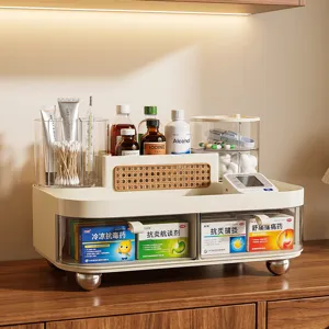 Organisateur de bureau multifonction blanc crème avec tiroirs transparents et rotin