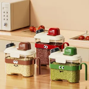 Cartoon Kitchen Cereal Storage Container With Measuring Cup Lid Moisture Proof Sealed Transparent Grain Tank With Handle