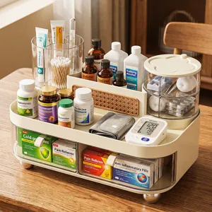 Organisateur de médicaments de bureau crème avec tiroirs et détails en rotin élégants