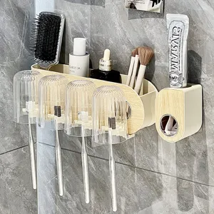 Wall-Mounted Toothbrush Holder Set Creamy Style No-Drilling Bathroom Storage Rack With Magnetic Inverted Mouthwash Cups Automatic Toothpaste Dispenser Wood Grain Finish