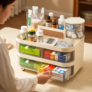 Boîte de rangement de bureau multifonctionnelle crème avec tiroirs pour médicaments