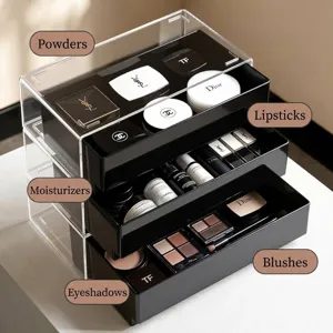 Mehrschichtiger Make-up-Organizer aus Acryl mit schwarzen Schubladen und klarem Deckel